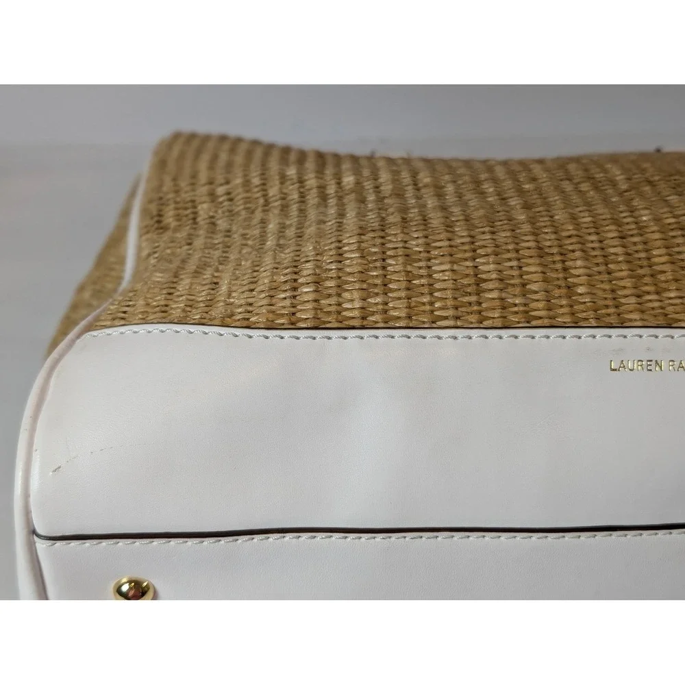Lauren Ralph Lauren Straw Woven Satchel Bag White Leather Trim Gold Hardware